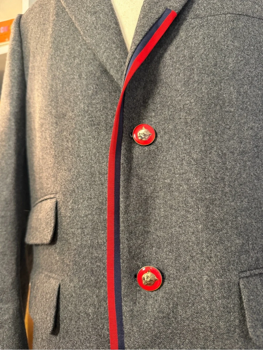 Gray Men's Wool Blazer with Red Trim